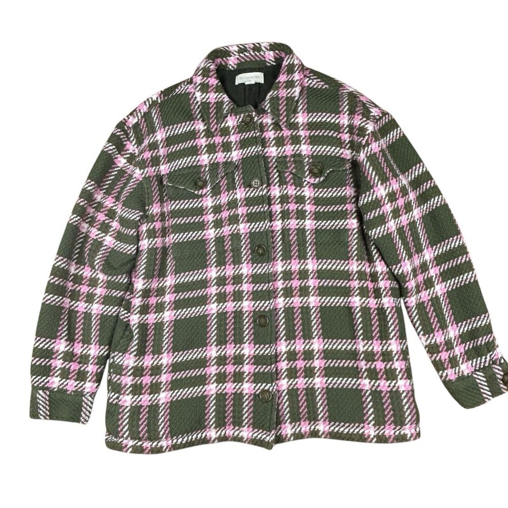Outerknown Cloud Weave Plaid Shacket Button Up Olive Green Pink Plaid Large EUC